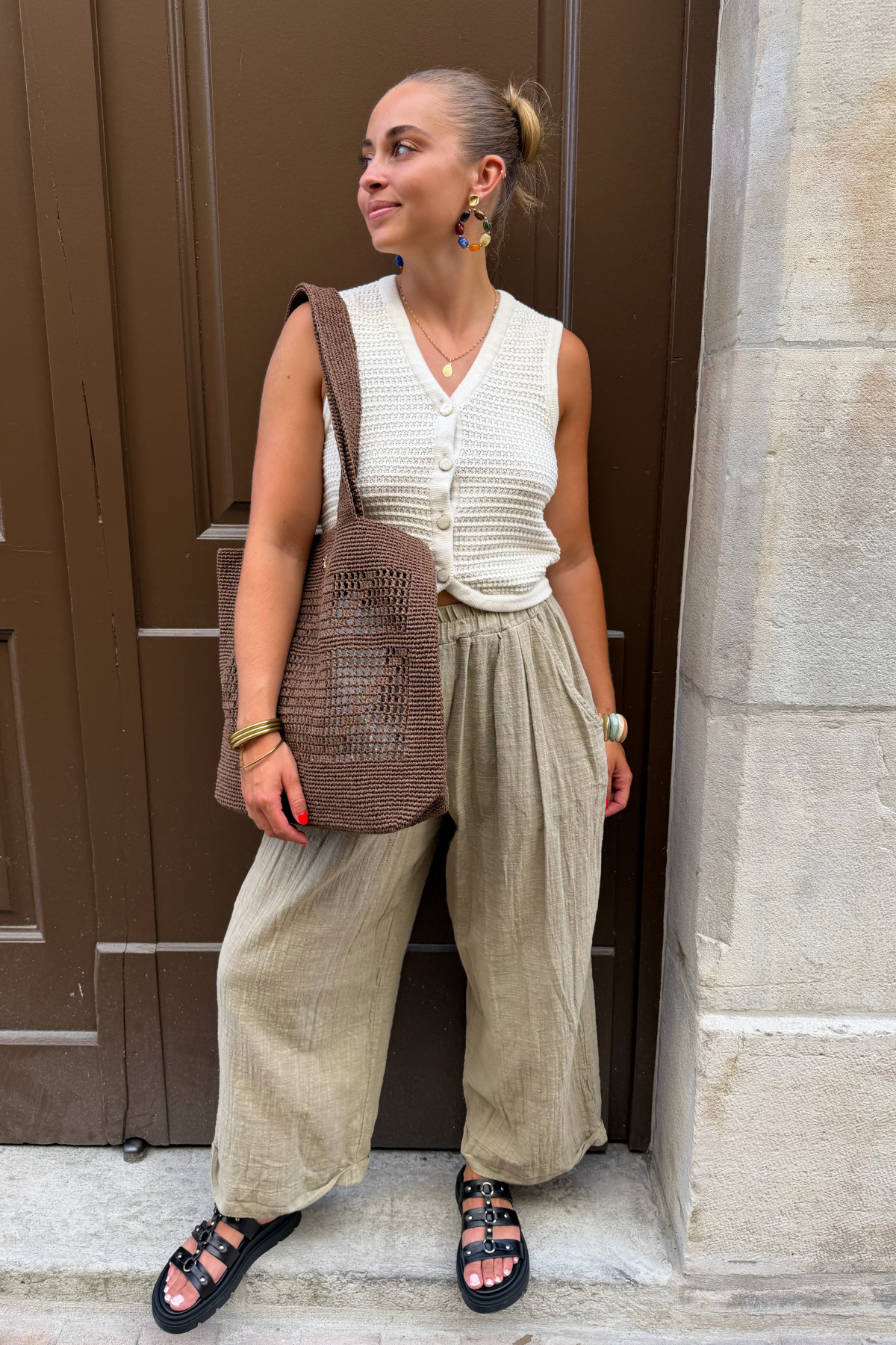 pantalon en lin kaki/beige  (2)