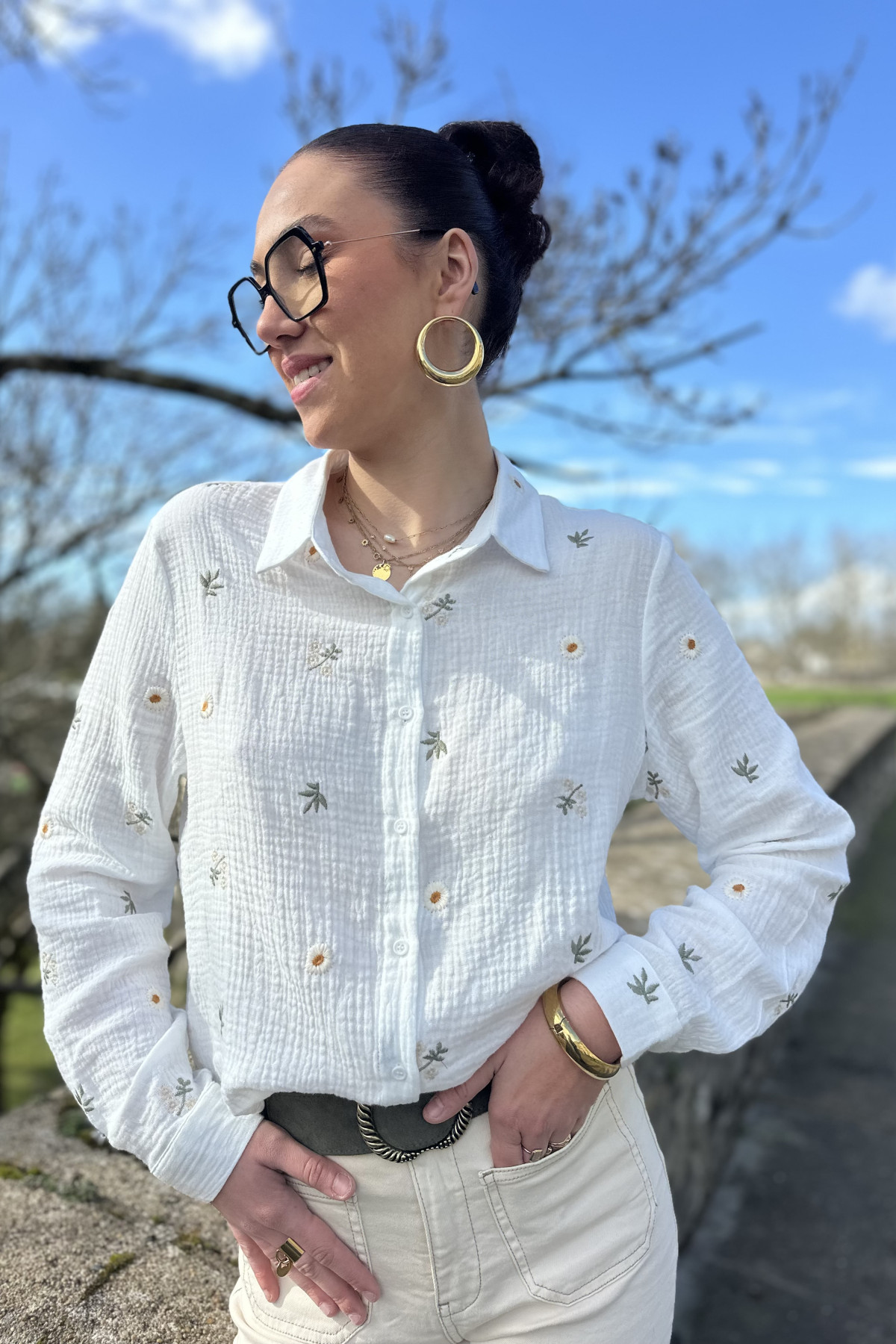 CHEMISE AVEC PETITES FLEURS EN GAZE DE COTON  6617-F73