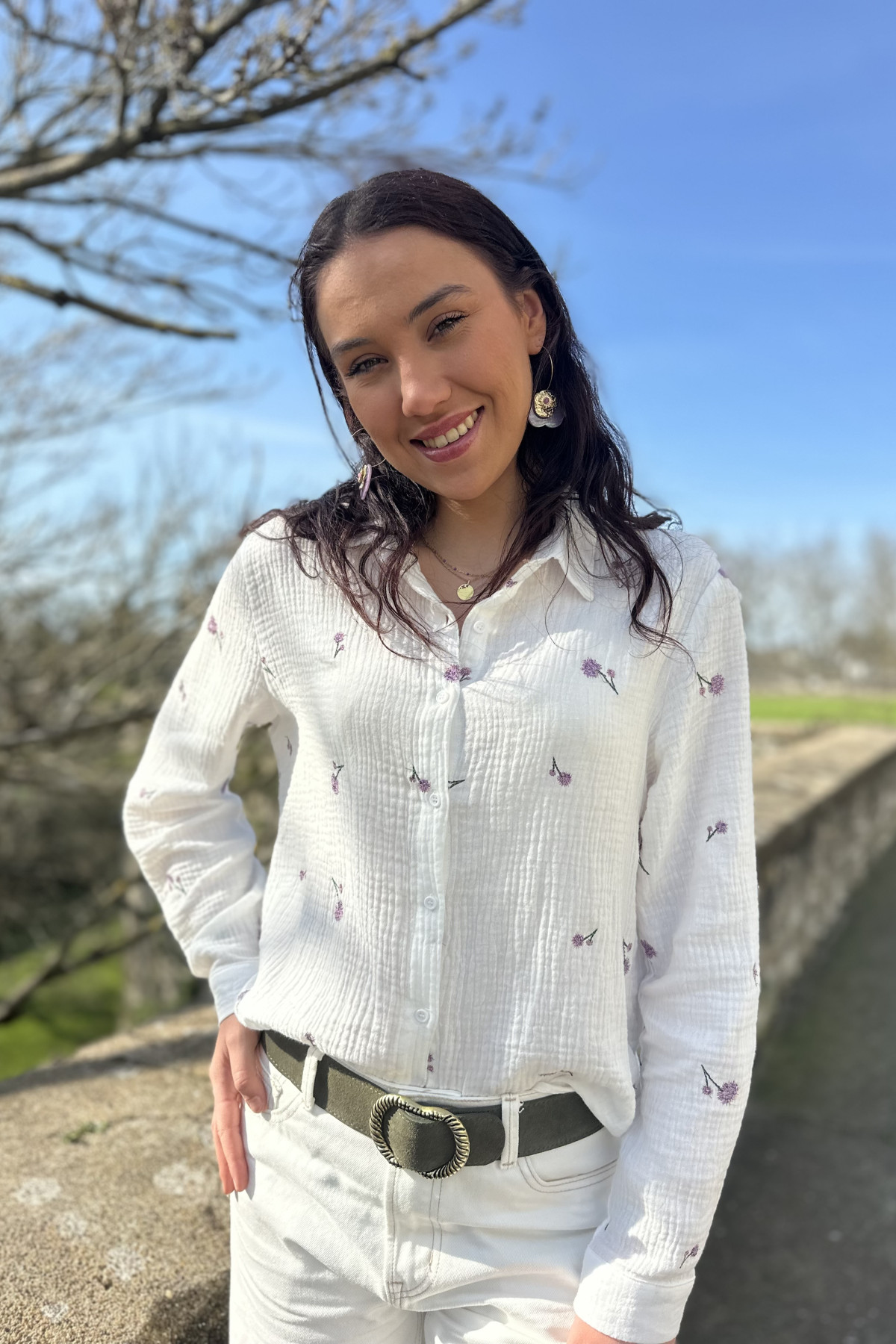 chemise en gaze de coton a fleurs brodées violette et kaki ref6617-F72 SUZZY