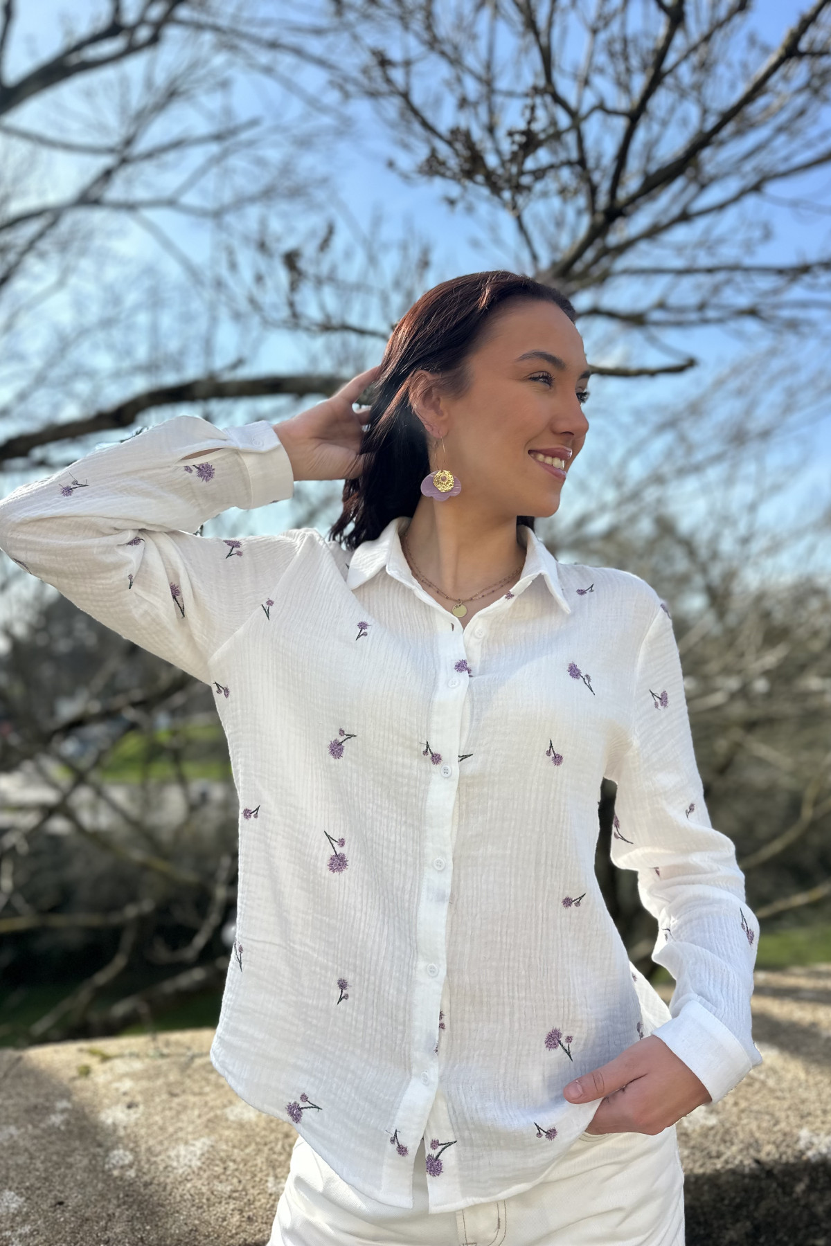 chemise en gaze de coton a fleurs brodées violette et kaki ref6617-F72 SUZZY