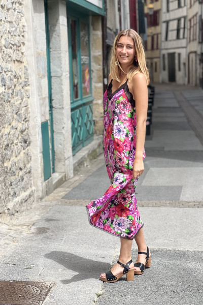 CORLEONE ROBE PAOLA FEMME SOIE IMPRIMÉ FLEURS DENTELLE NOIRE
