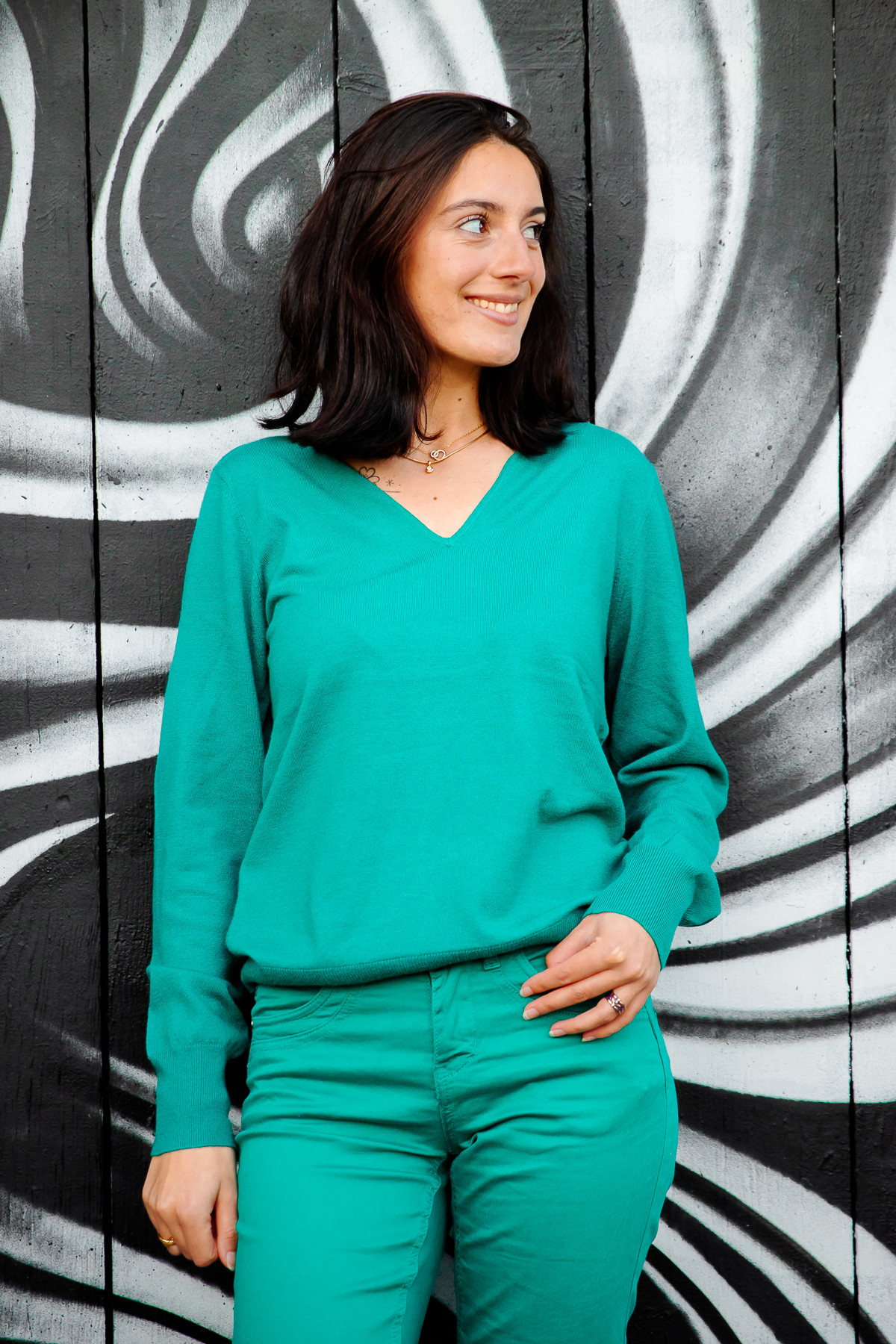 Cream pull col en v 11016 CRDela turquoise