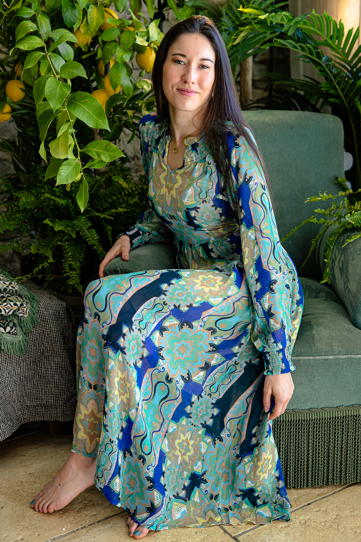 CREAM ROBE LONGUE CAROLINA 0980 FEMME FLORAL TROPICAL BLUE BLEU