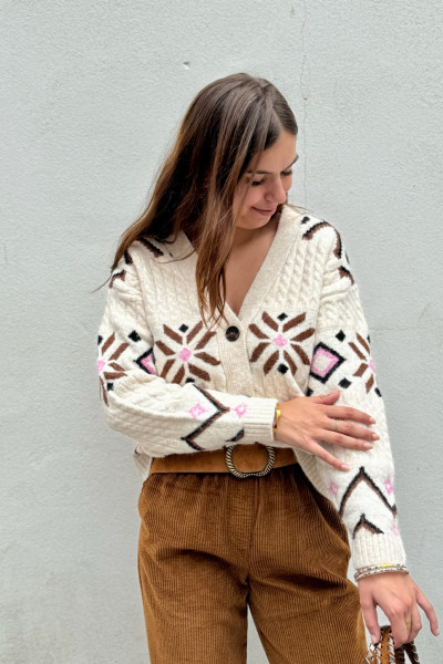 gilet Melba b young beige imprimé bohème camel et rose boutons 