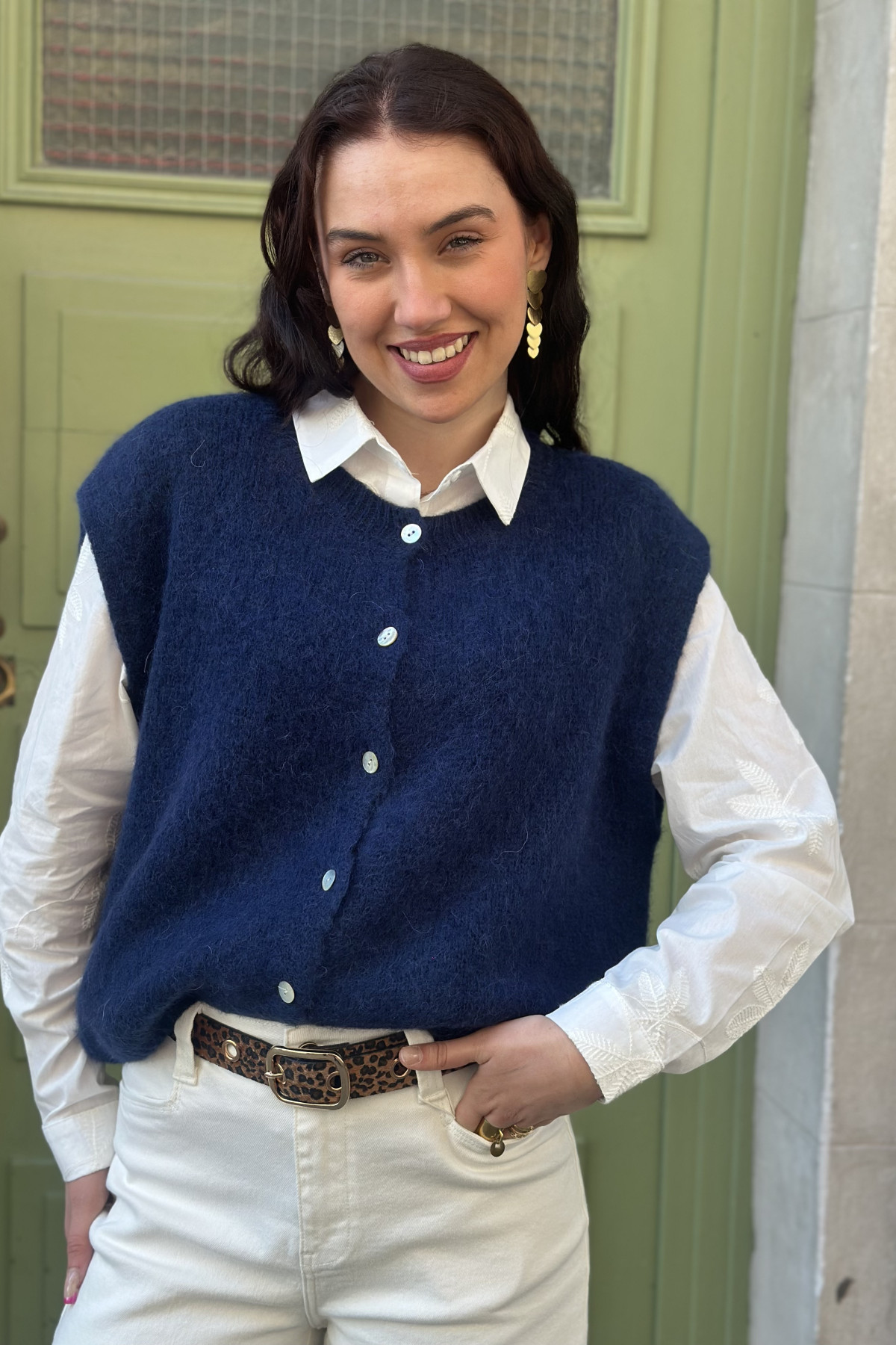 Gilet sans manches alpaga avec boutons nacrés bleu marine