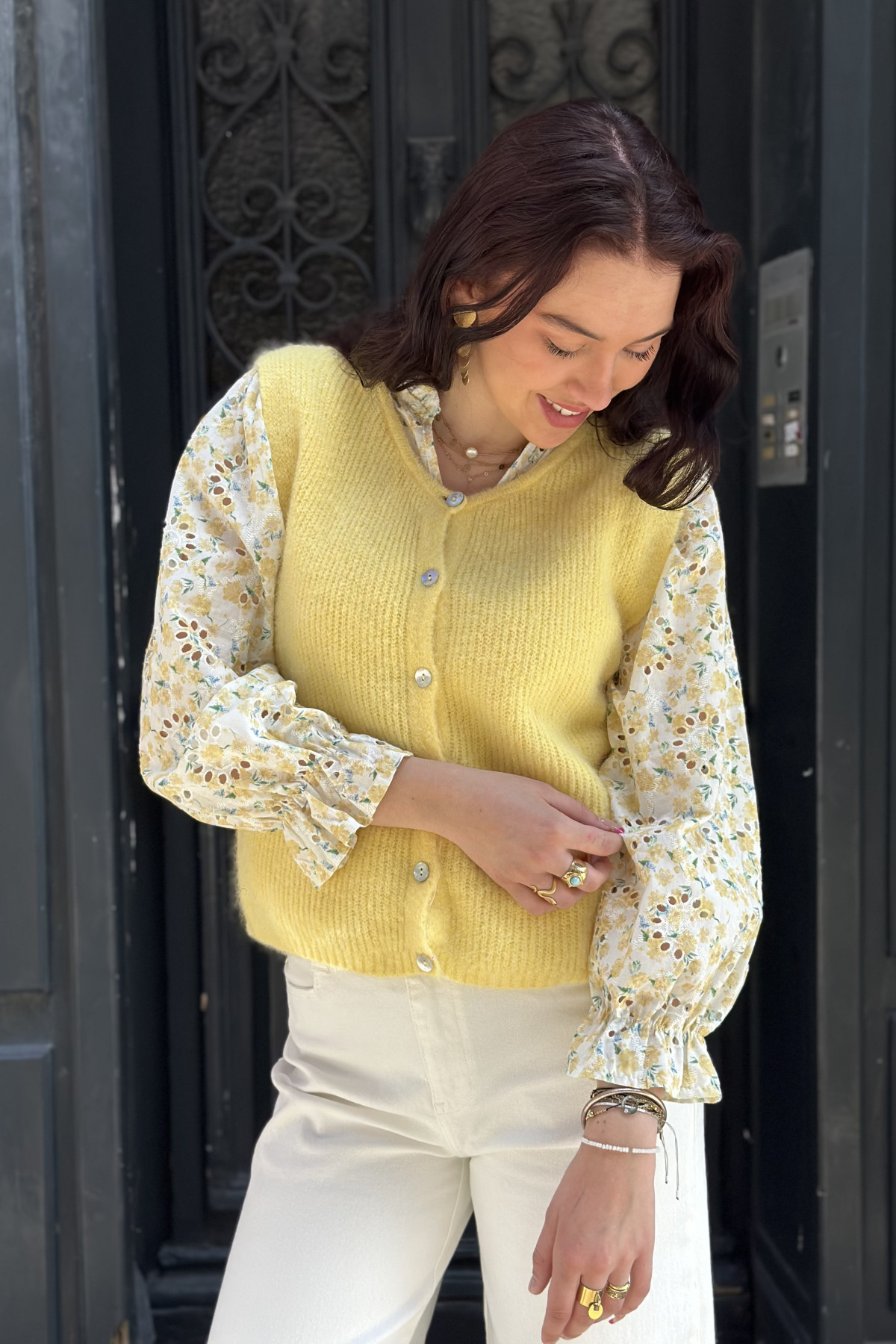 Gilet sans manches alpaga avec boutons nacrés jaune