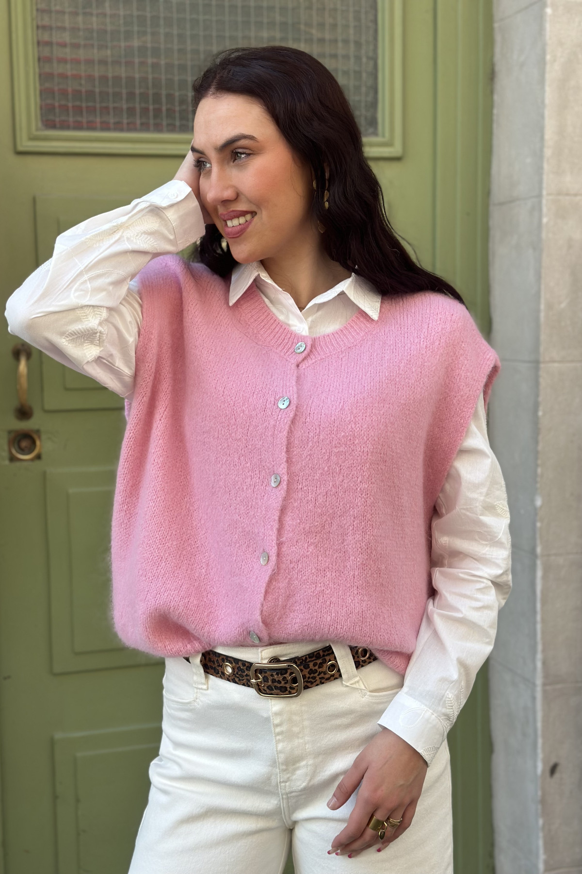 Gilet sans manches alpaga avec boutons nacrés rose