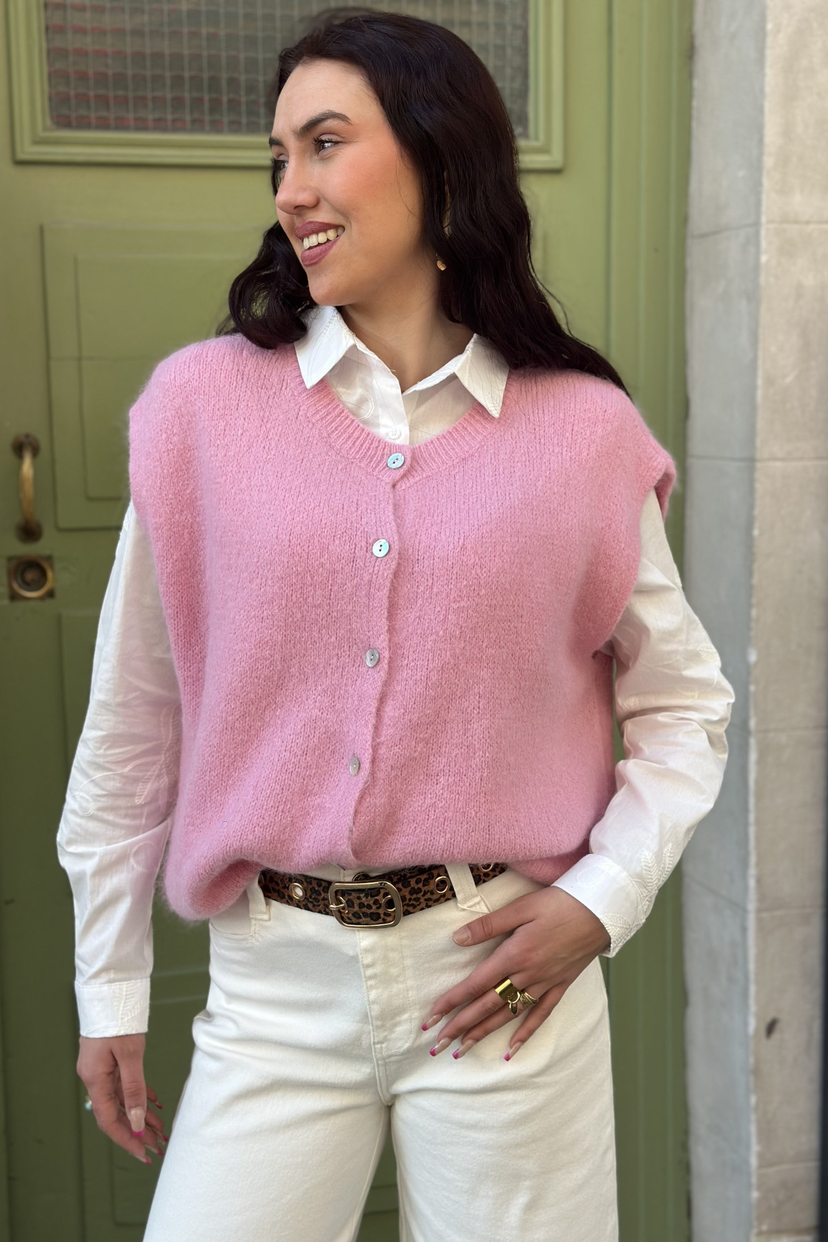 Gilet sans manches alpaga avec boutons nacrés rose