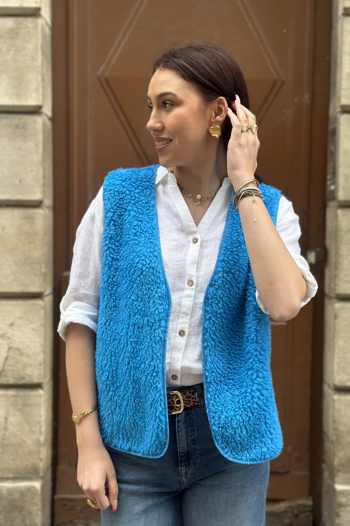 Gilet sans manches moumoute bleu électrique taille unique