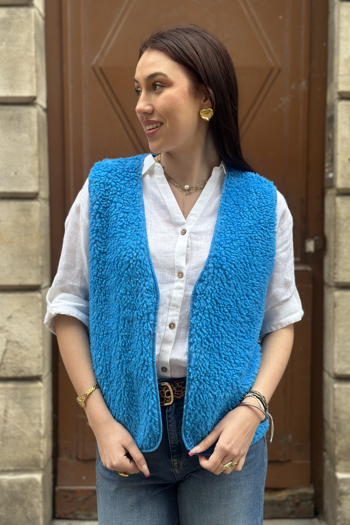 Gilet sans manches moumoute bleu électrique taille unique