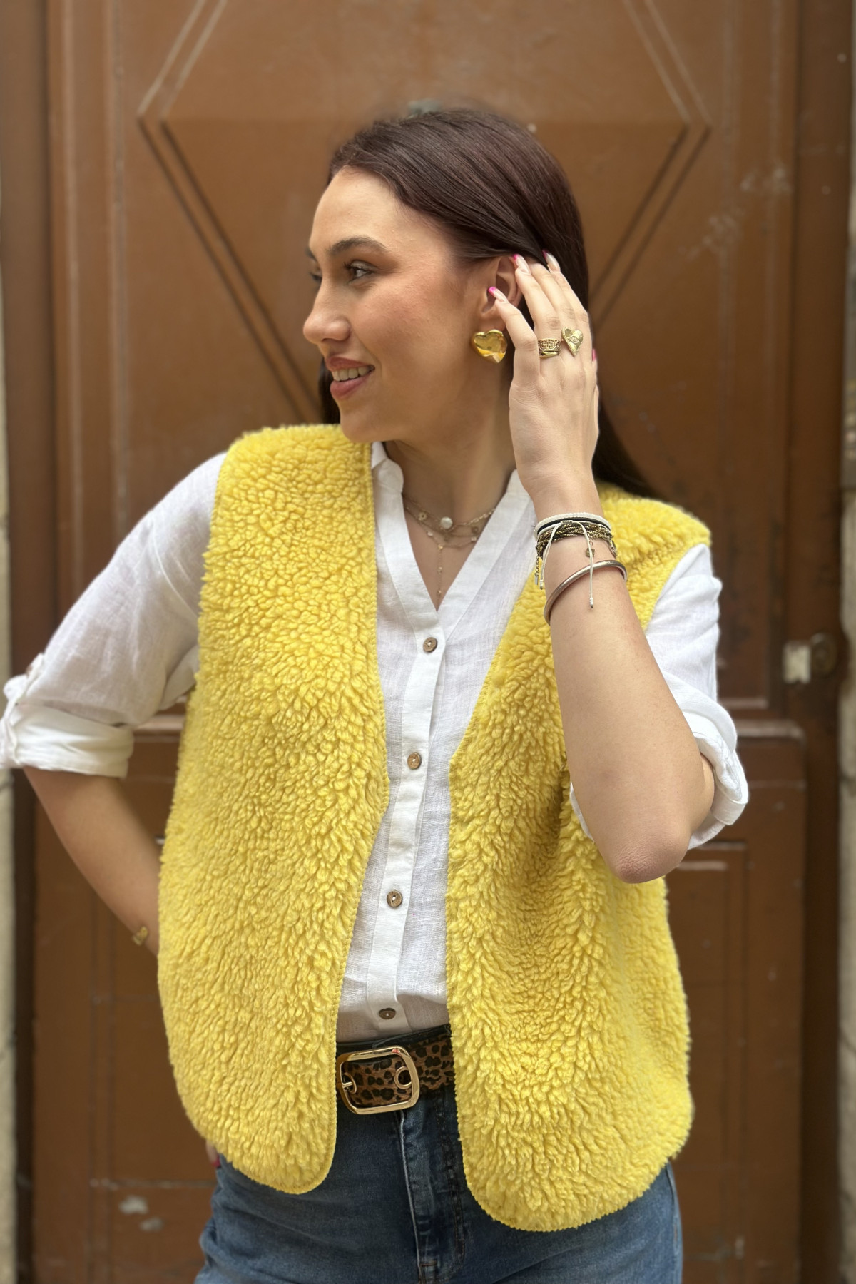 Gilet sans manches moumoute jaune taille unique