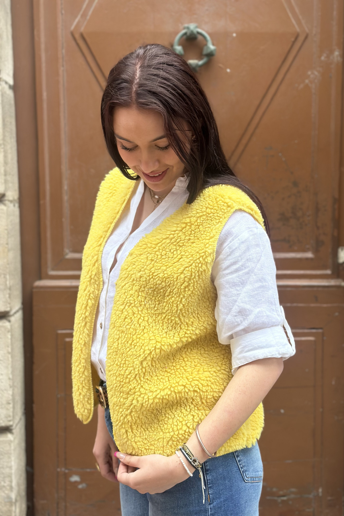 Gilet sans manches moumoute jaune taille unique