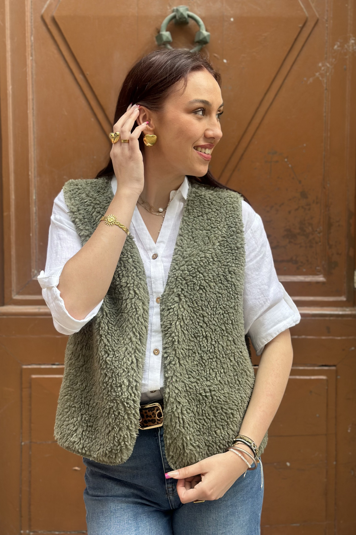 Gilet sans manches moumoute kaki taille unique