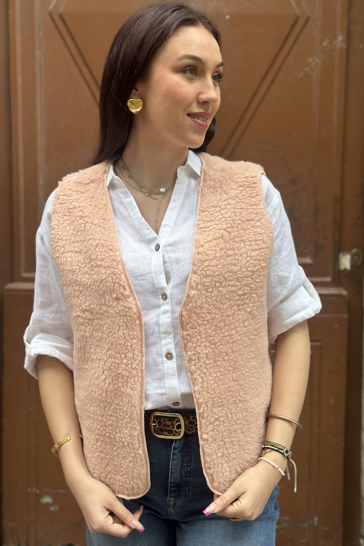 Gilet sans manches moumoute rose pale taille unique