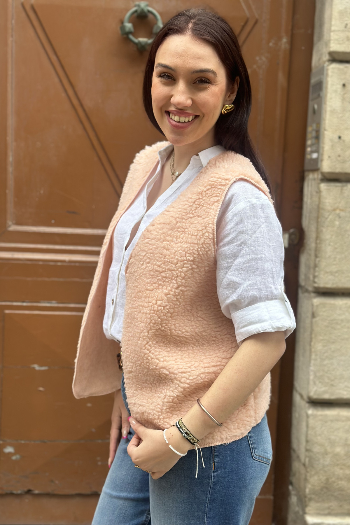 Gilet sans manches moumoute rose pale taille unique