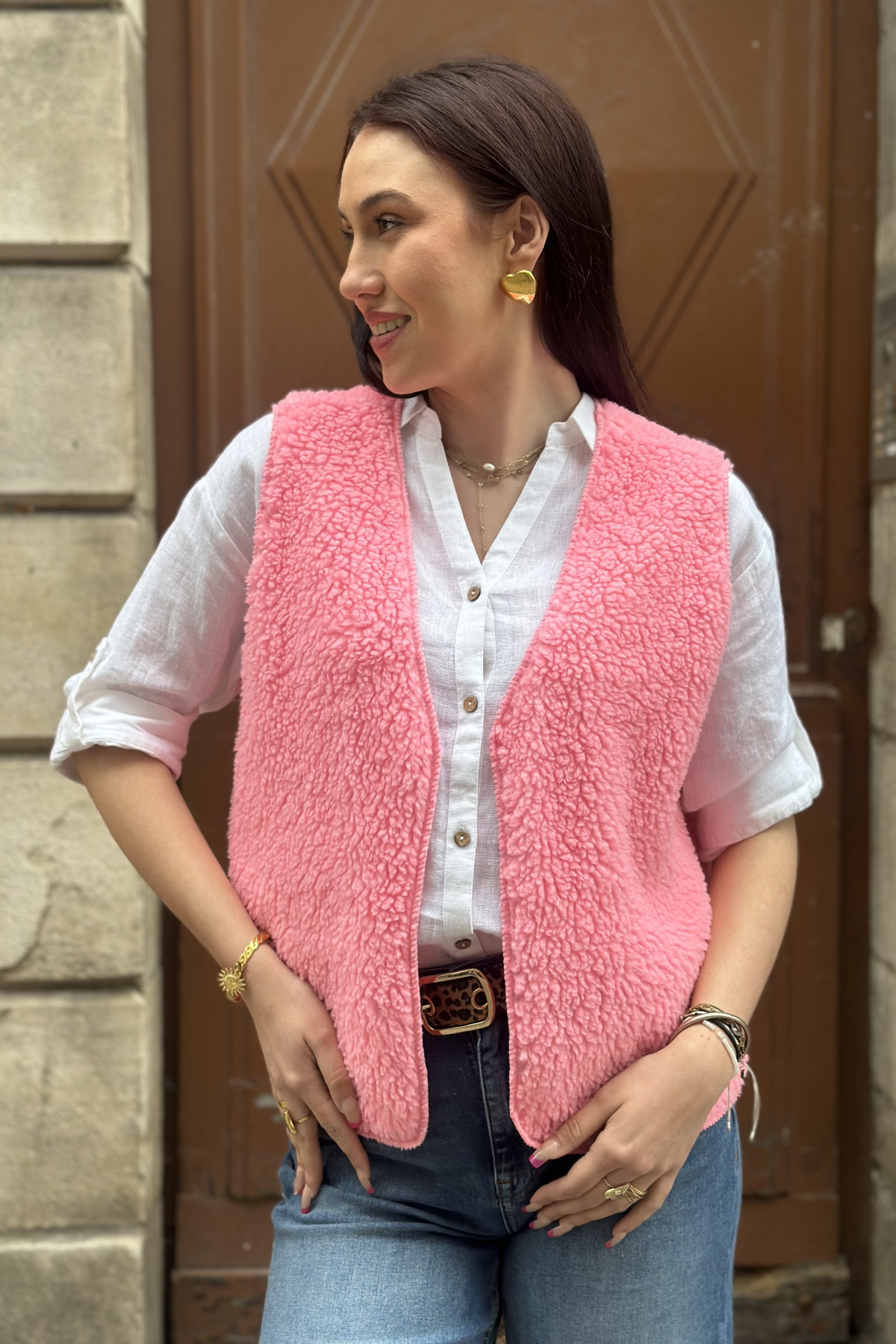 Gilet sans manches moumoute rose taille unique