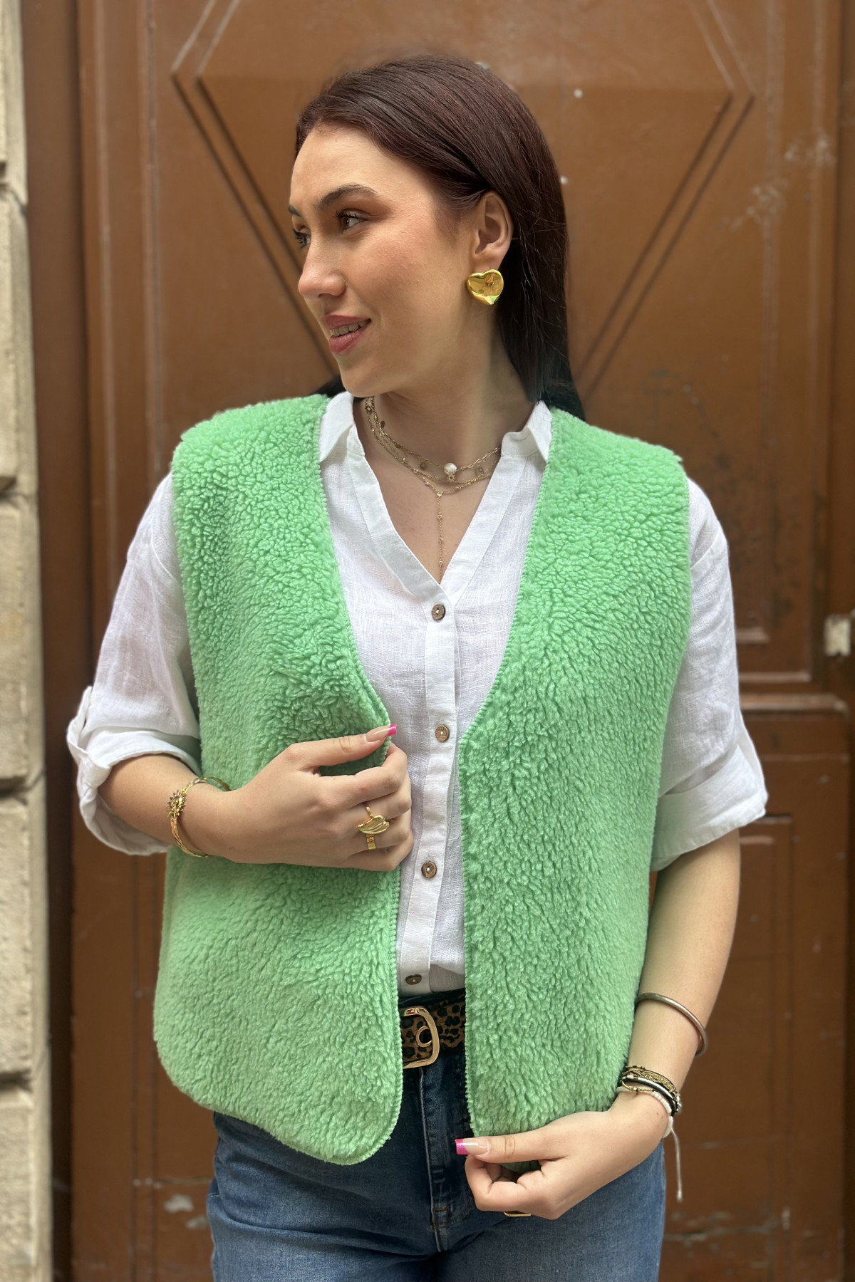 Gilet sans manches moumoute vert taille unique
