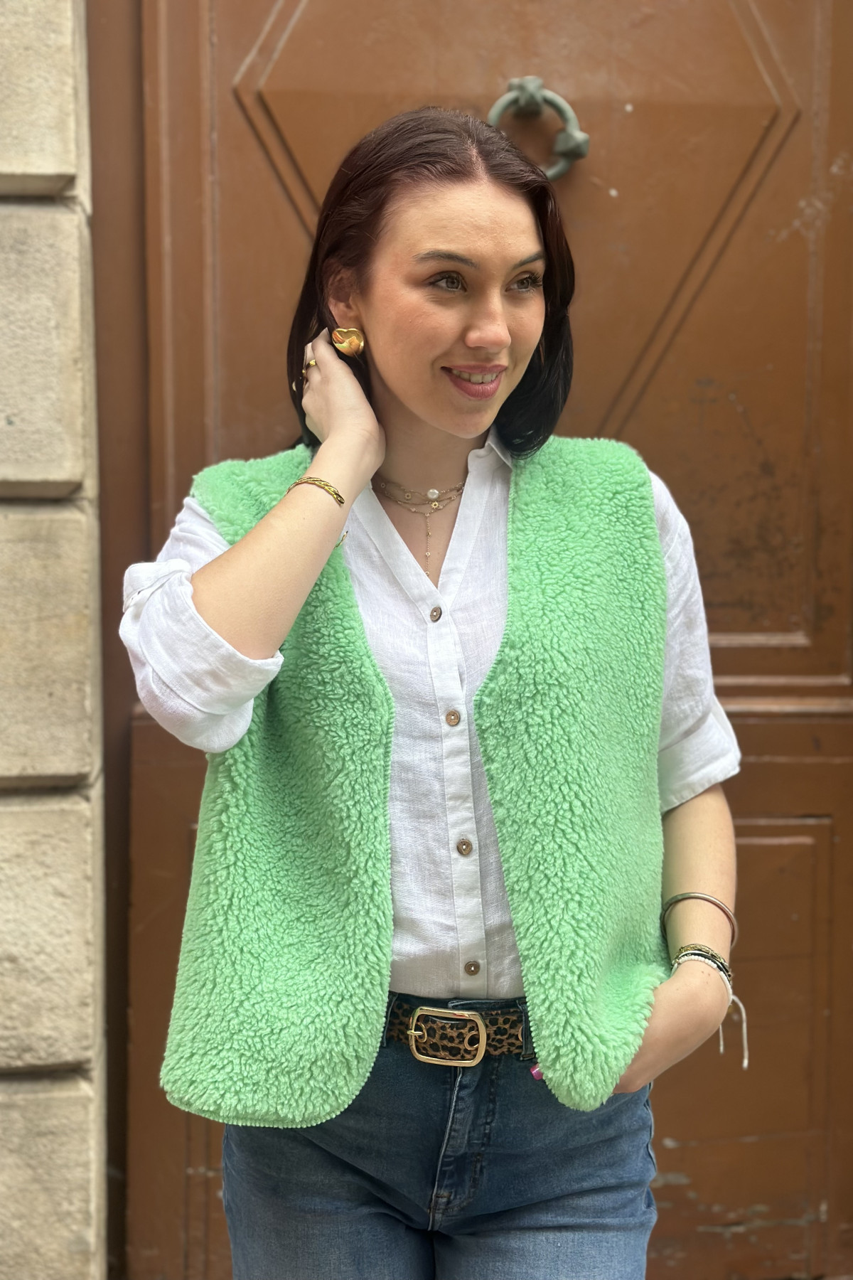 Gilet sans manches moumoute vert taille unique