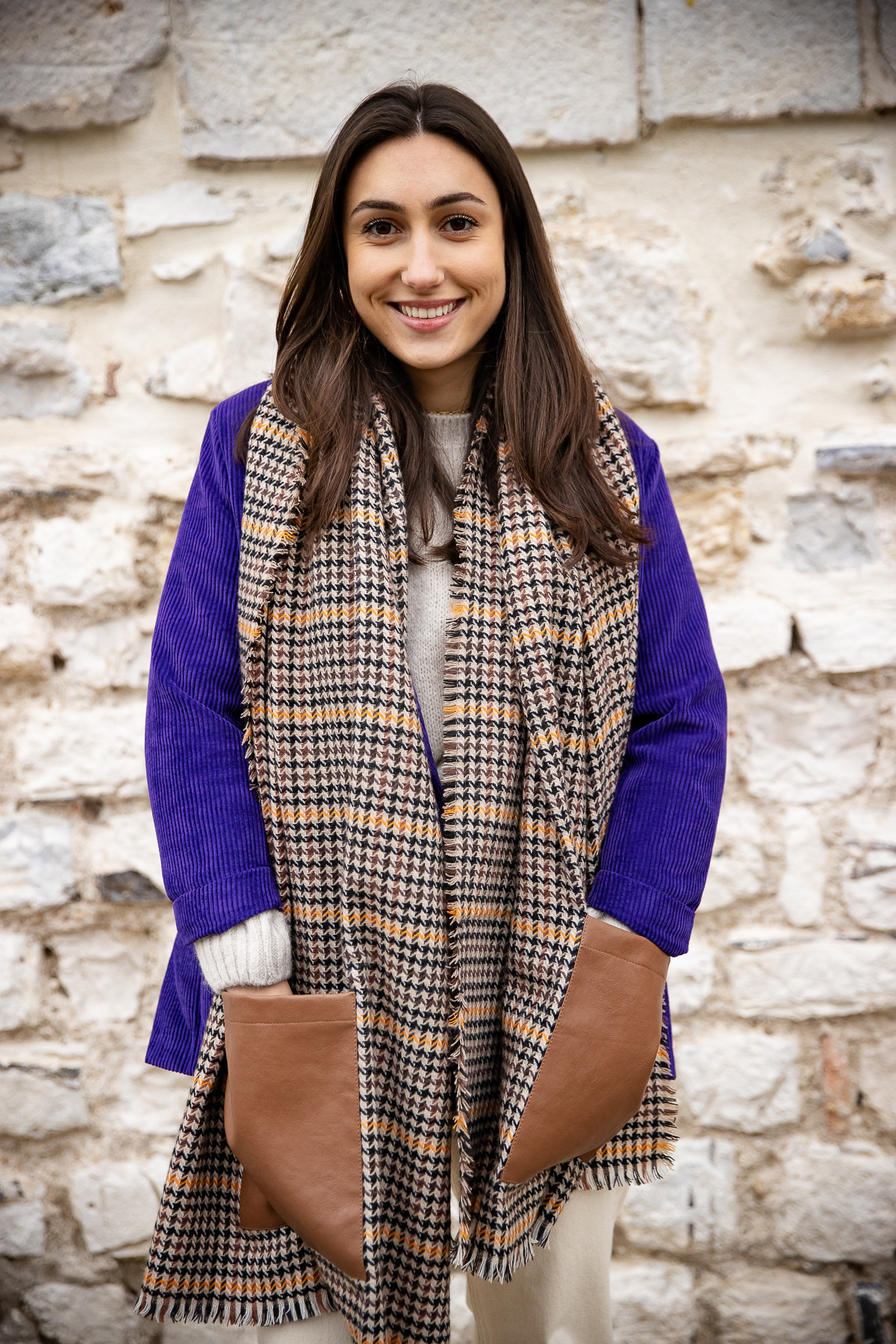 ICHI ECHARPE IAAMELIA 7212 FEMME CARREAUX NOIR ORANGE MARRON