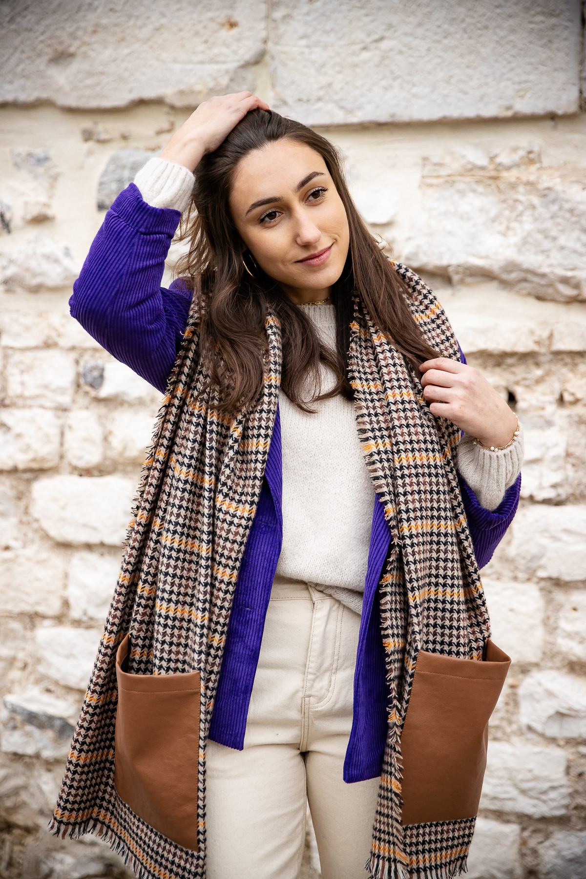 ICHI ECHARPE IAAMELIA 7212 FEMME CARREAUX NOIR ORANGE MARRON
