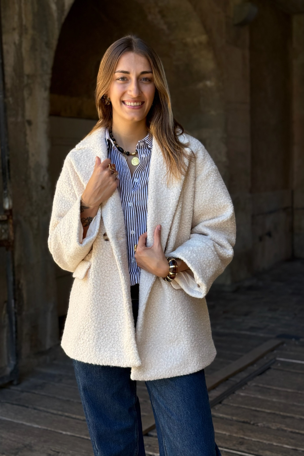 manteau b young ecru matiére bouclée 6956