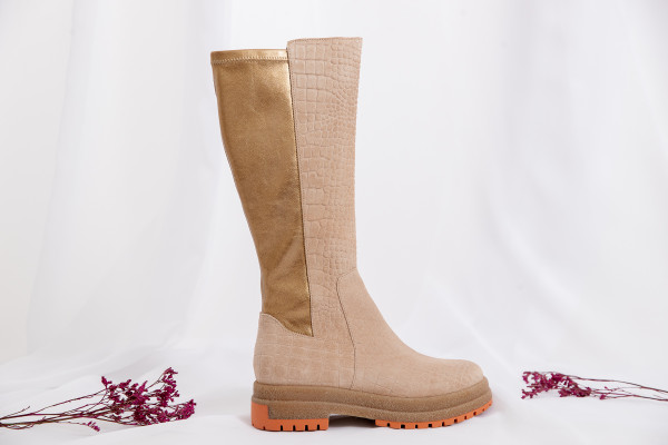 MINKA BOTTES FALAISE FEMME BEIGE EFFET CROCO CUIR DORE SEMELLE ORANGE
