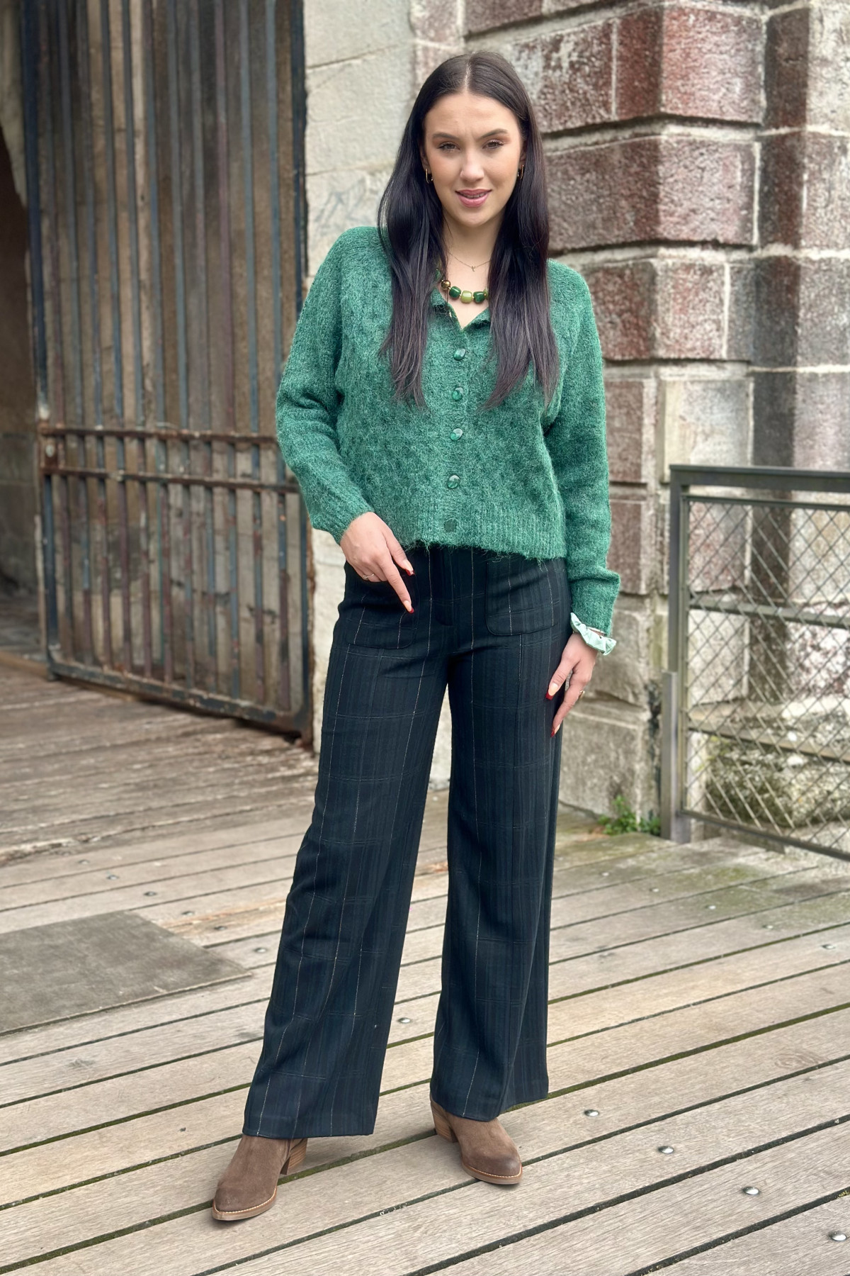 pantalon ichi carreaux vert ihkate wooley 4667