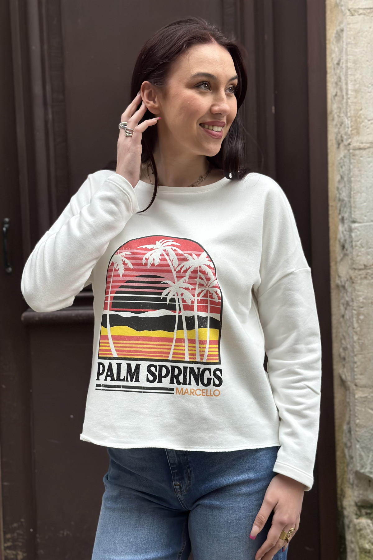 Pull marcello blanc écriture palm spring 