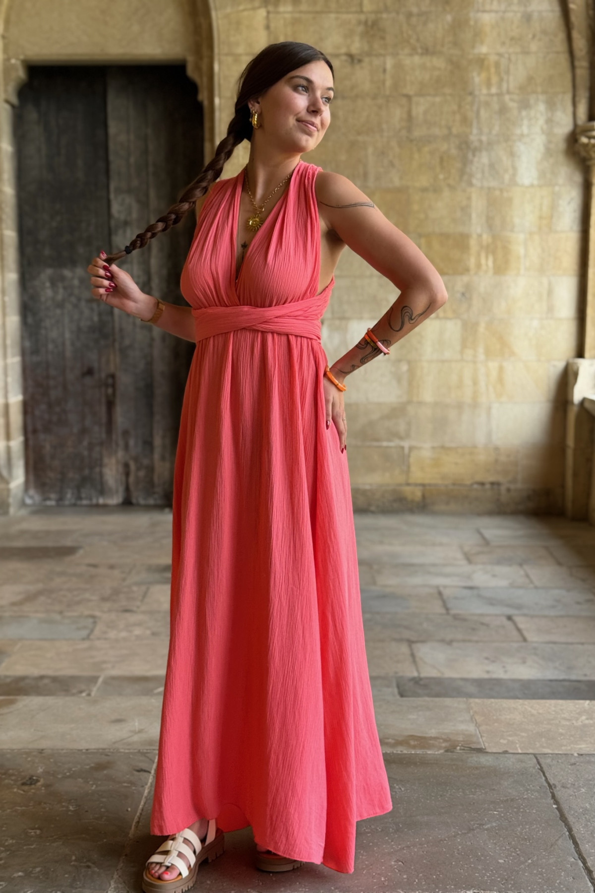 Robe longue corail taille unique dos nu avec liens à nouer 