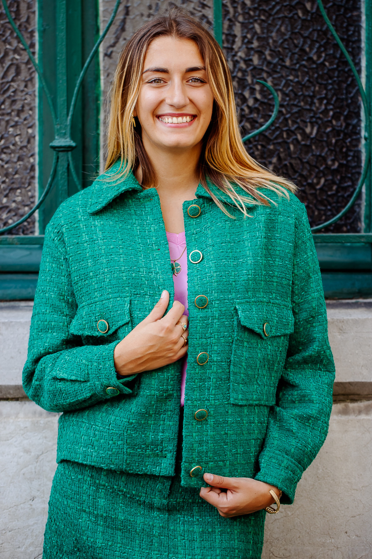 SUNCOO MANTEAU ENZO 1159 FEMME TWEED VERT BOUTON DORE
