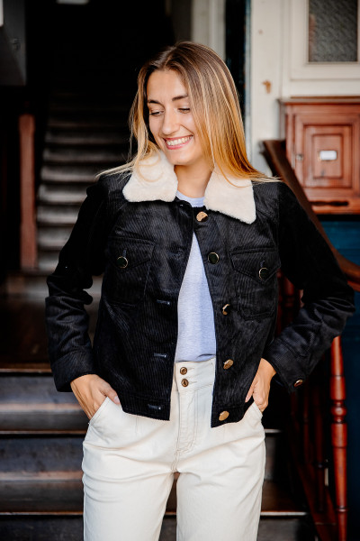 SUNCOO VESTE DIANA 0139 FEMME VELOURS COTELE NOIR FAUSSE FOURRURE