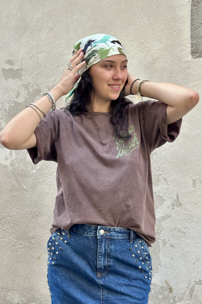 T-shirt marron en coton avec imprimé vintage Venice Beach coupe droite 