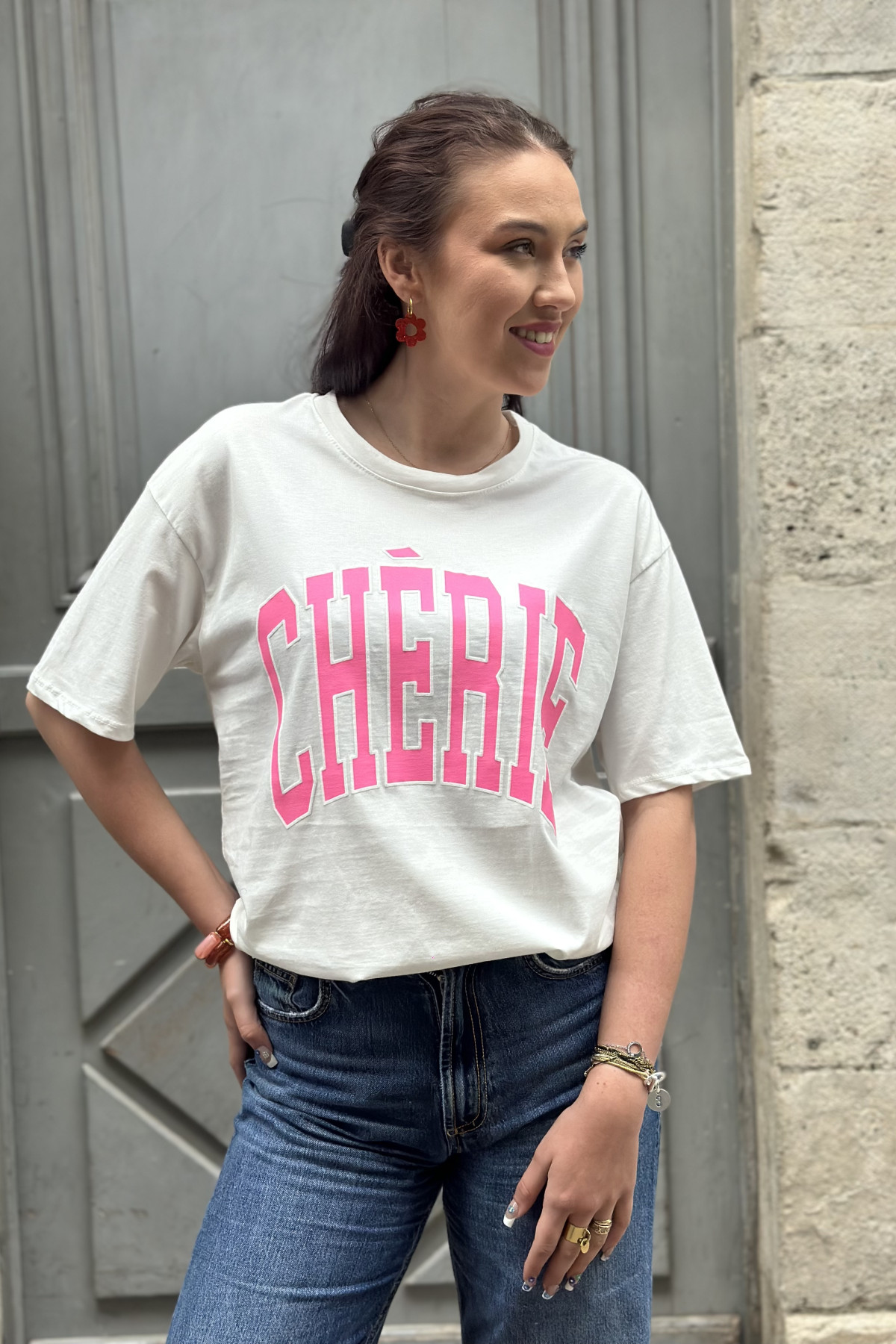 Tee shirt chérie blanc et rose en coton 