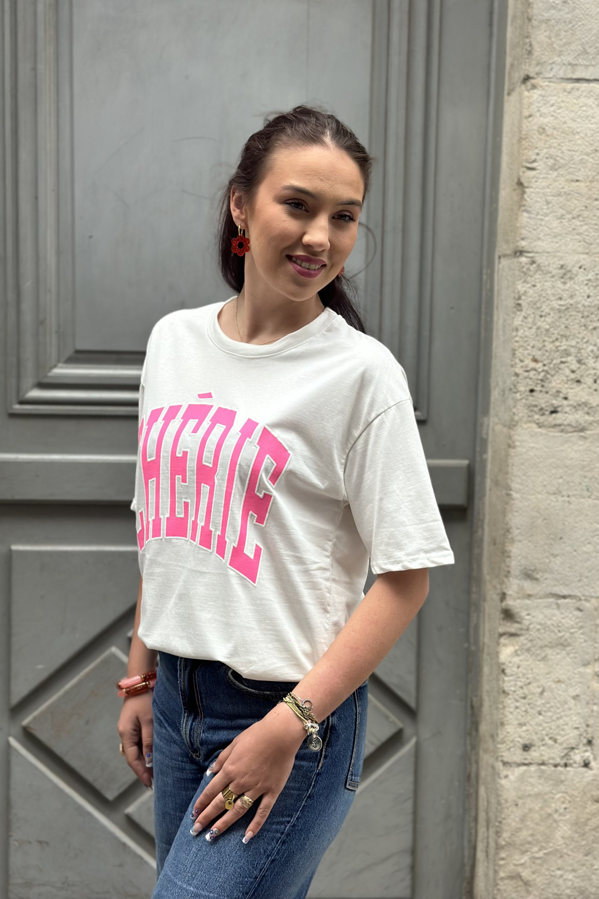 Tee shirt chérie blanc et rose en coton 