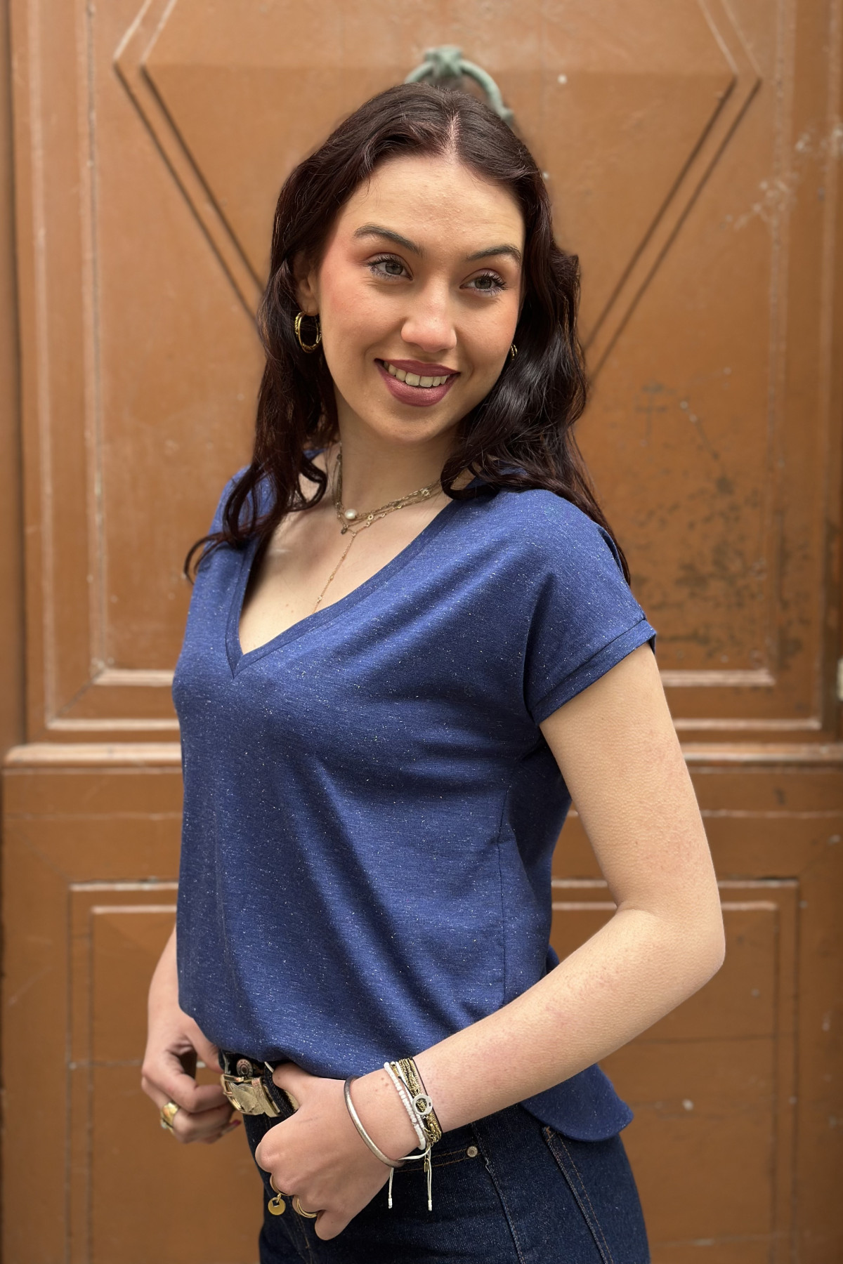 Tee shirt ichi fin bleu marine col en v
