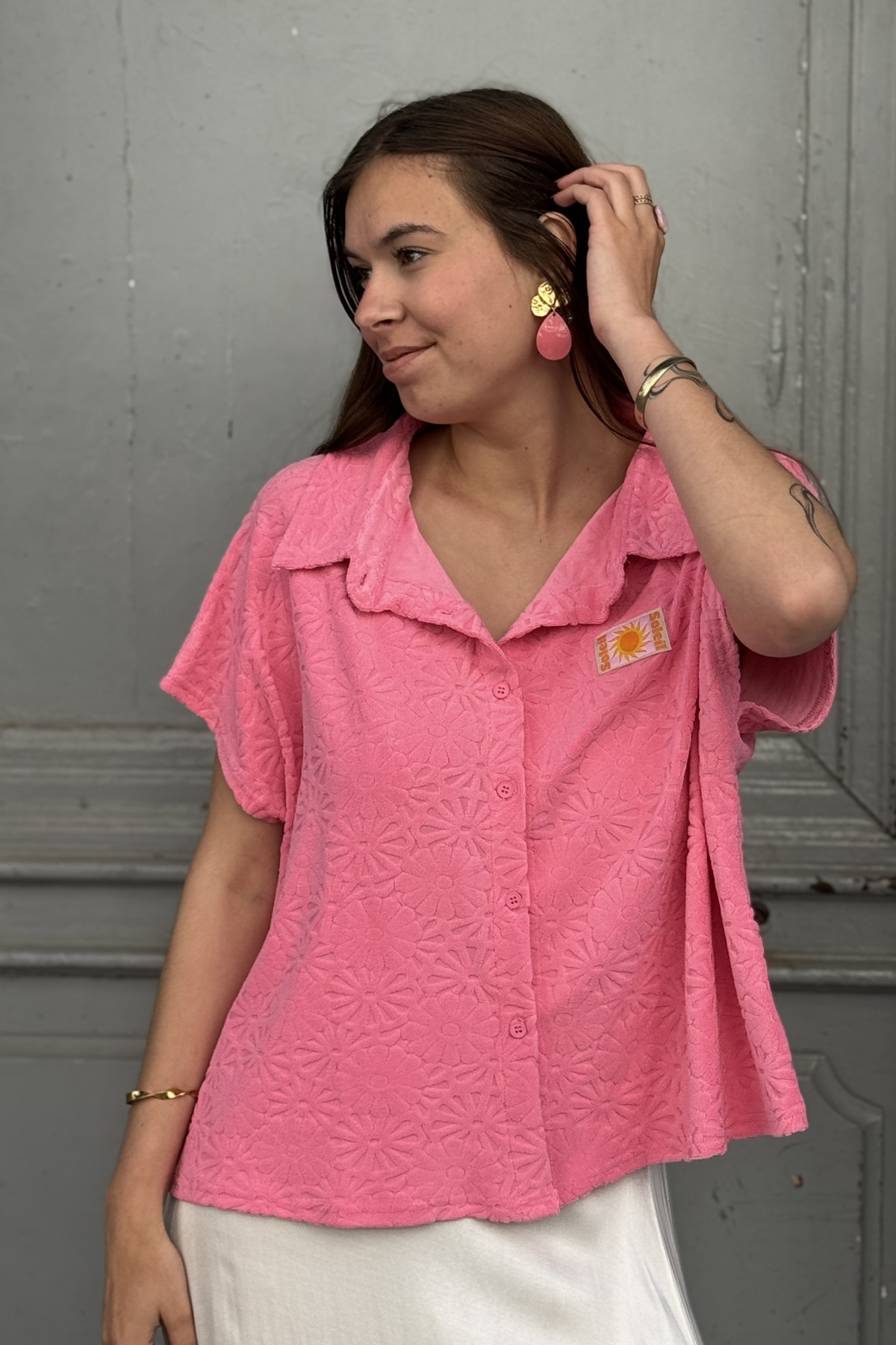 TOP EN EPONGE ROSE AVEC COL MARQUE SEASON 15H858
