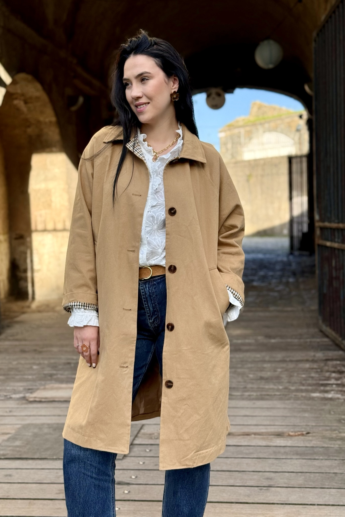 trench mi long charlior camel motif vichy