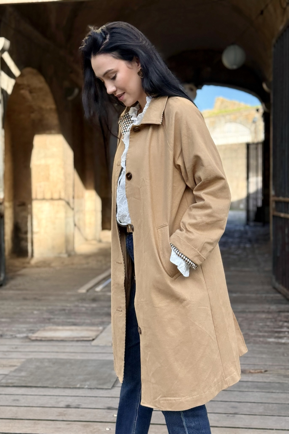 trench mi long charlior camel motif vichy
