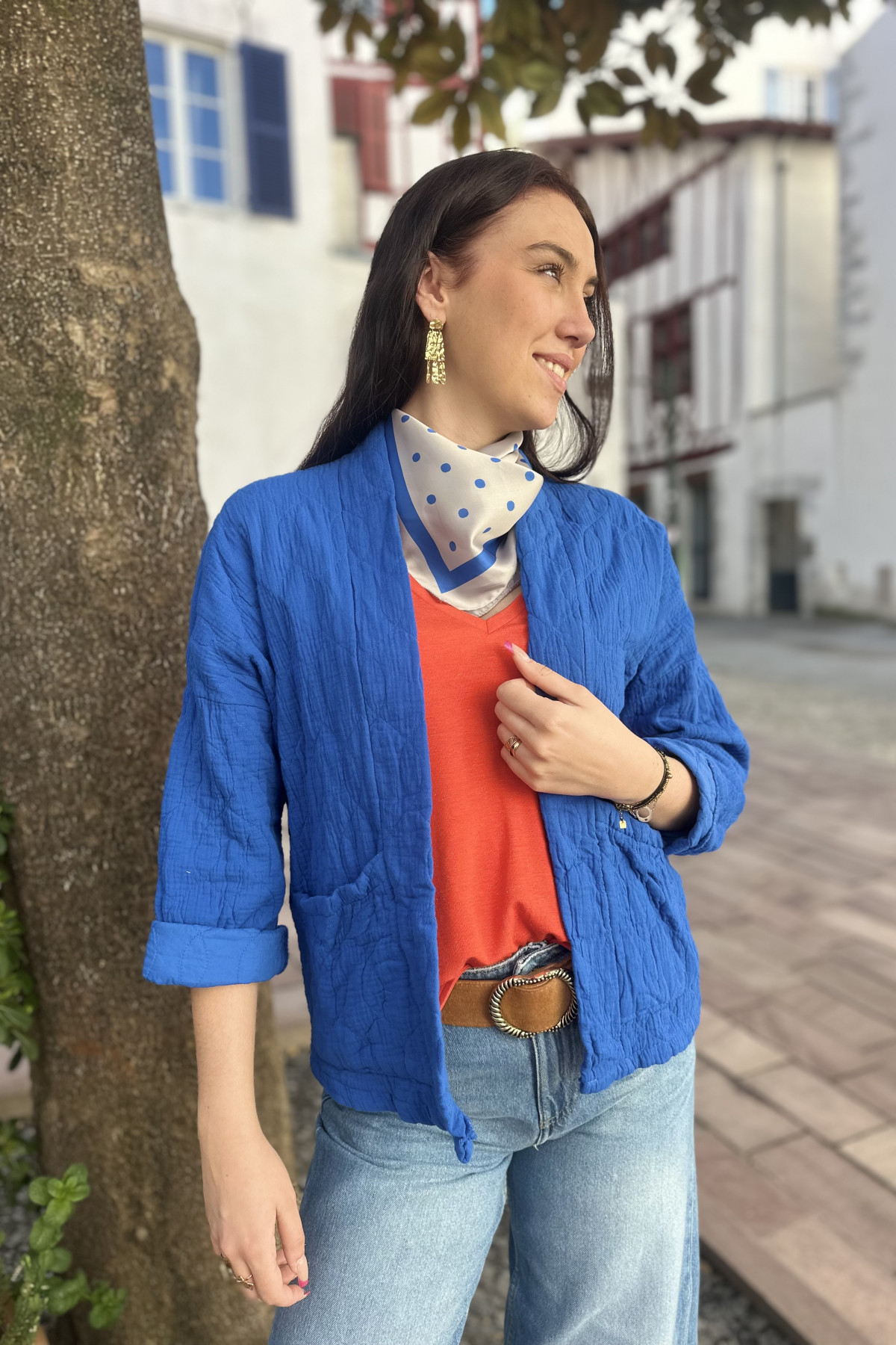 Veste en gaze de coton bleu taille unique coupe oversize