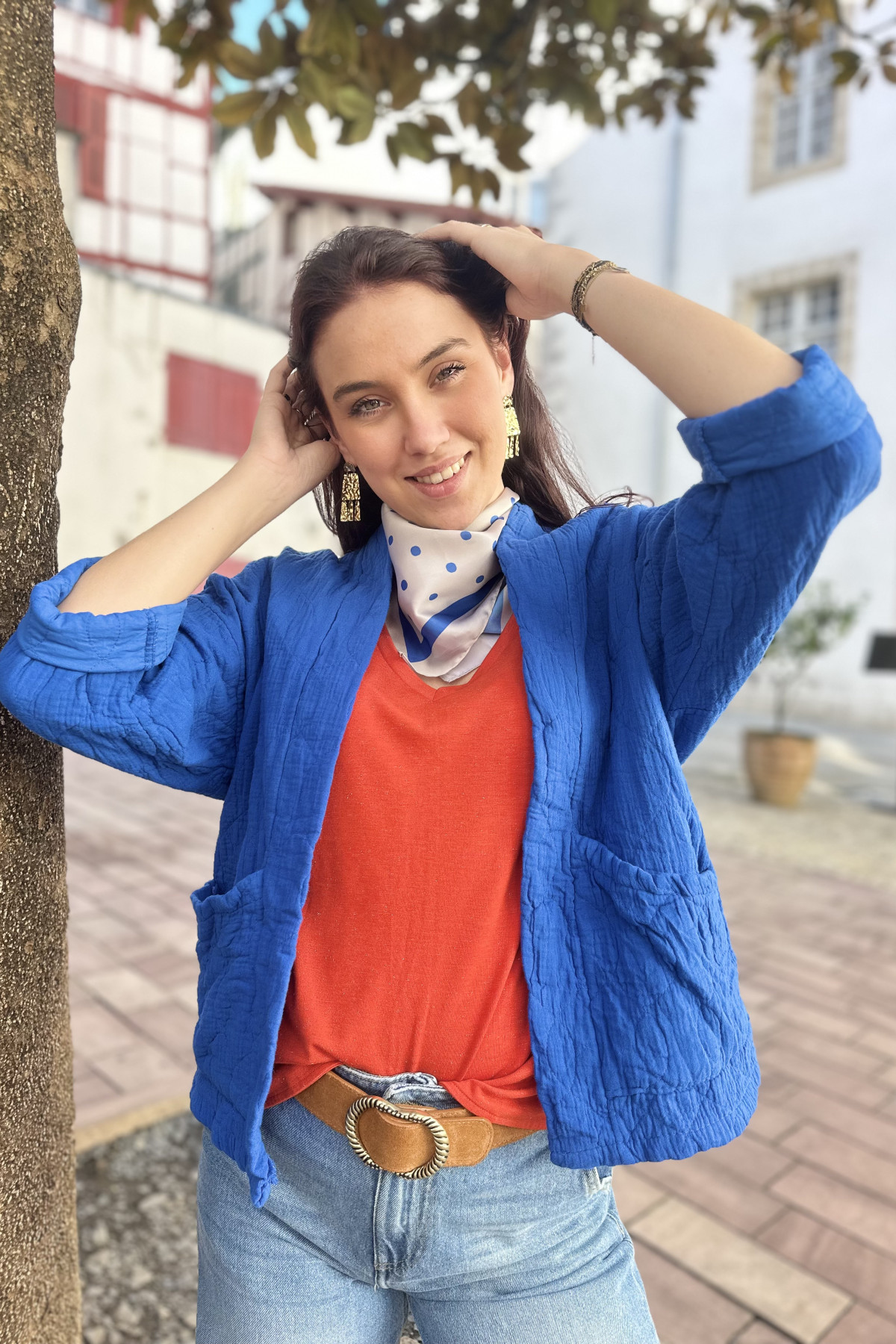 Veste en gaze de coton bleu taille unique coupe oversize