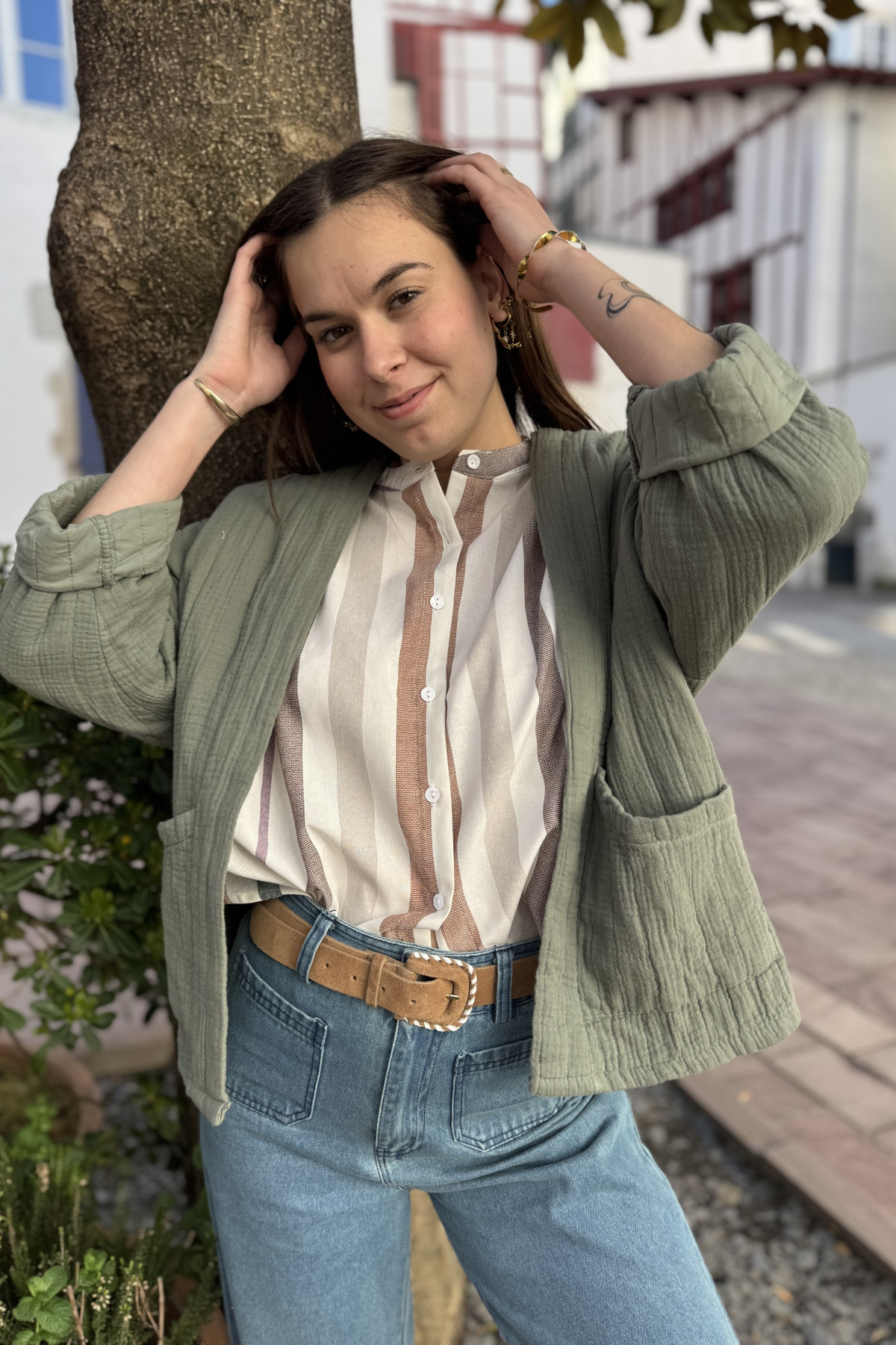 Veste en gaze de coton kaki taille unique coupe oversize