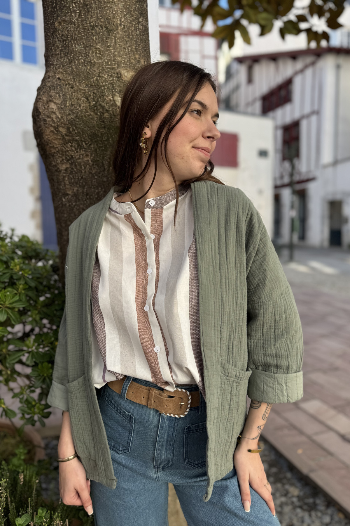 Veste en gaze de coton kaki taille unique coupe oversize