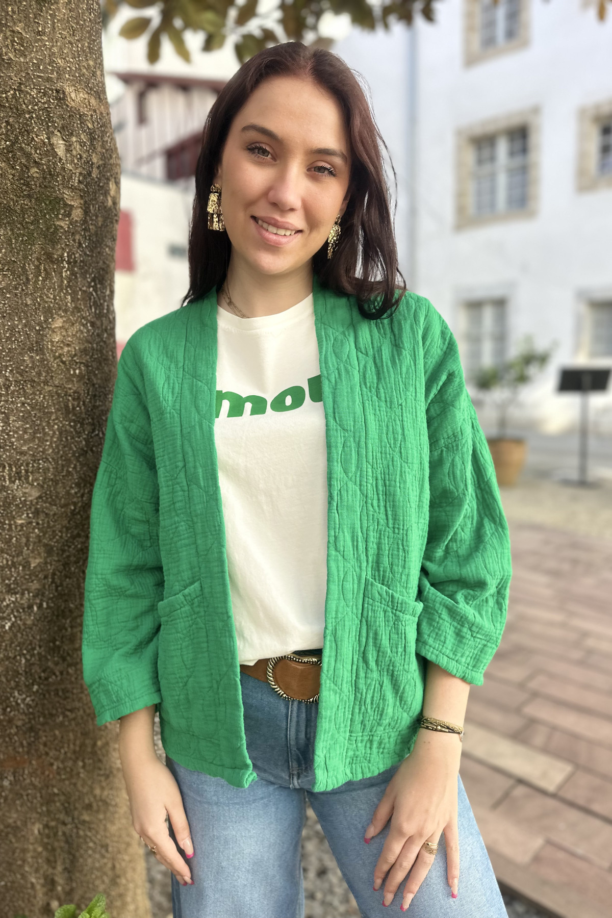 Veste en gaze de coton verte taille unique coupe oversize