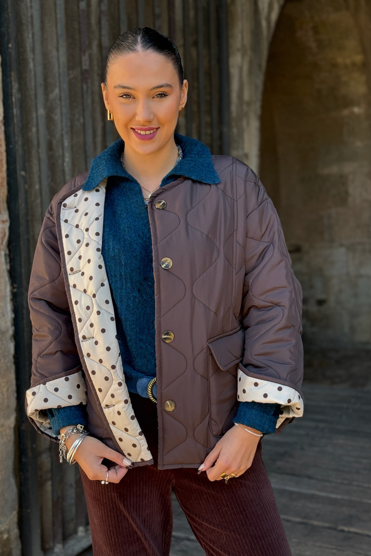 veste essentiel oversize marron matelassée intérieur pois
