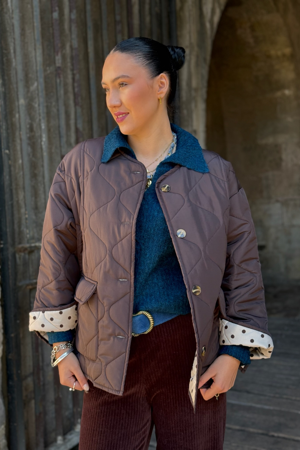 veste essentiel oversize marron matelassée intérieur pois